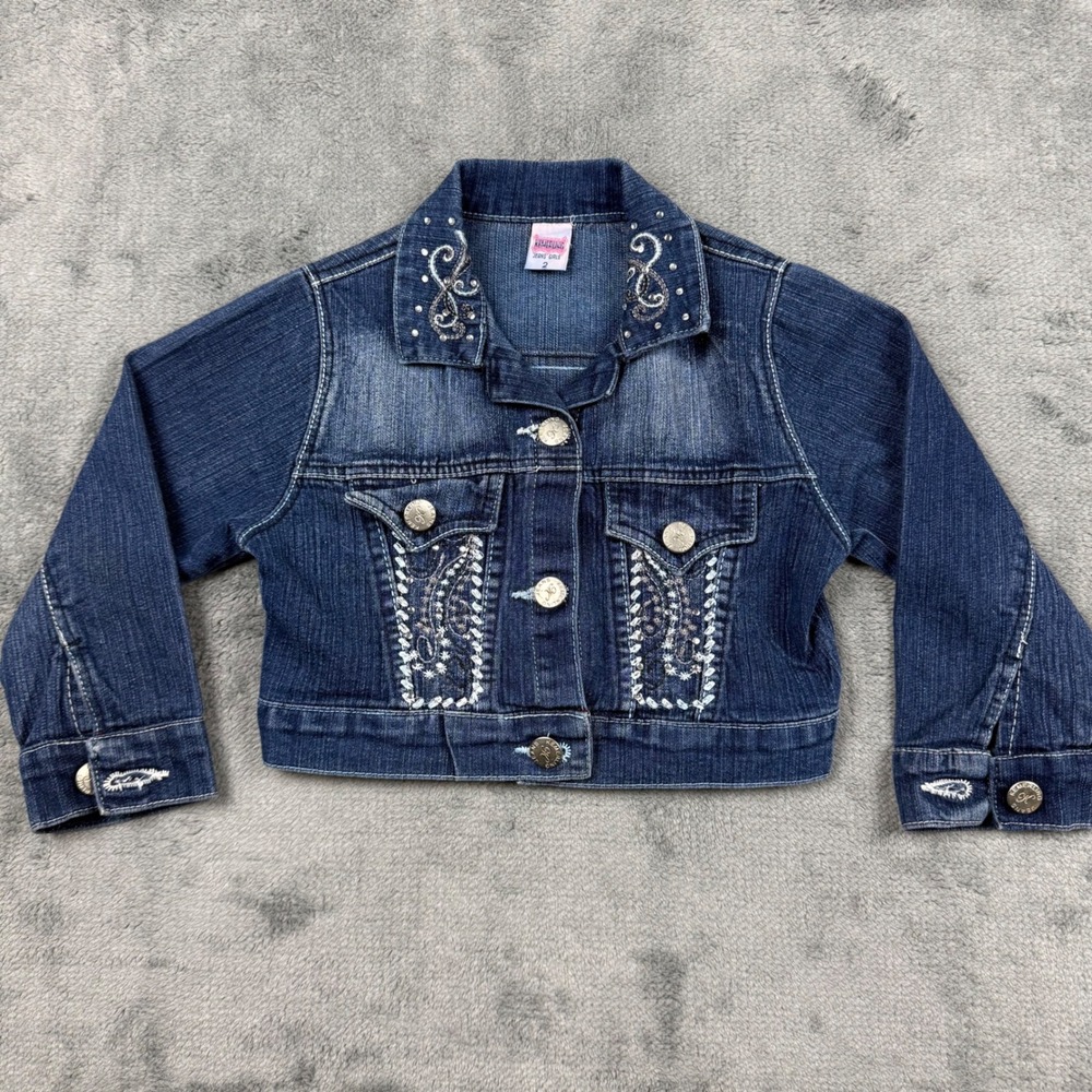 Kemerling Jeans Girls Blue Denim Jacket Size 2 Rhinestone Paisley Embroidered